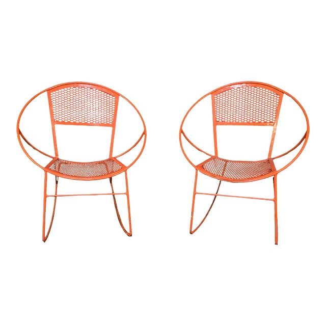 1960s Mid Century Modern Orange Rocking Chairs - Set of 2 For Sale