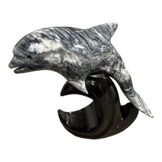1970s Black Onyx Marble Dolphin Figurine 8in For Sale