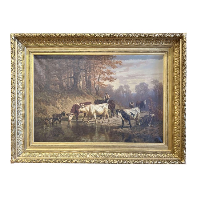 19th Century Oil on Canvas Cow Painting in Carved Frame Signed Charles Humbert For Sale