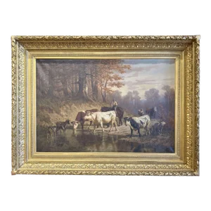 19th Century Swiss Pastoral Cow Painting Signed Charles Humbert in Frame