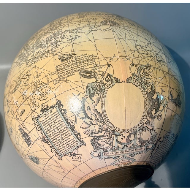 Illustration 17th Century Replica World Globe Jodocus Hondius Style on Stand With Illustrations For Sale - Image 3 of 14