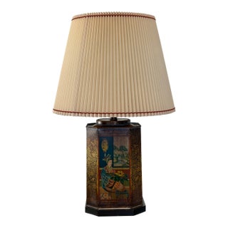 Vintage Frederick Cooper Style Chinoiserie Tin Tea Canister Table Lamp With Shade For Sale
