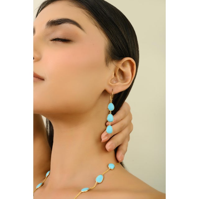 14k Gold Cabochon 11.2 Ct Turquoise Dangle Earrings for Her- A Pair For Sale In New York - Image 6 of 11