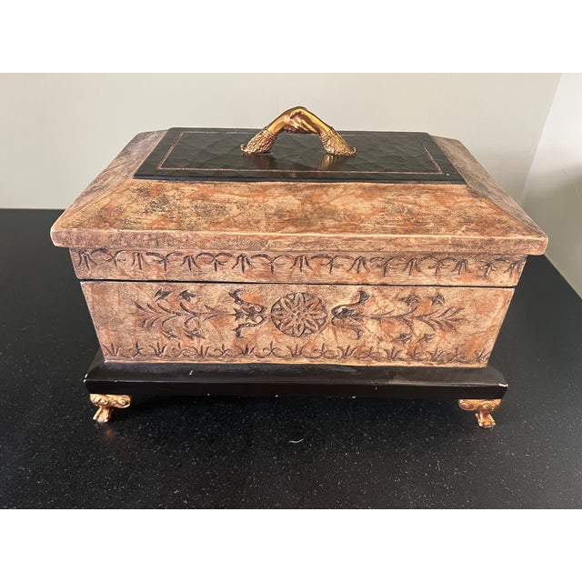 Hollywood Regency Vintage Maitland-Smith Carved Decorative Box With Gilt Clasped Hands & Feet For Sale - Image 3 of 7