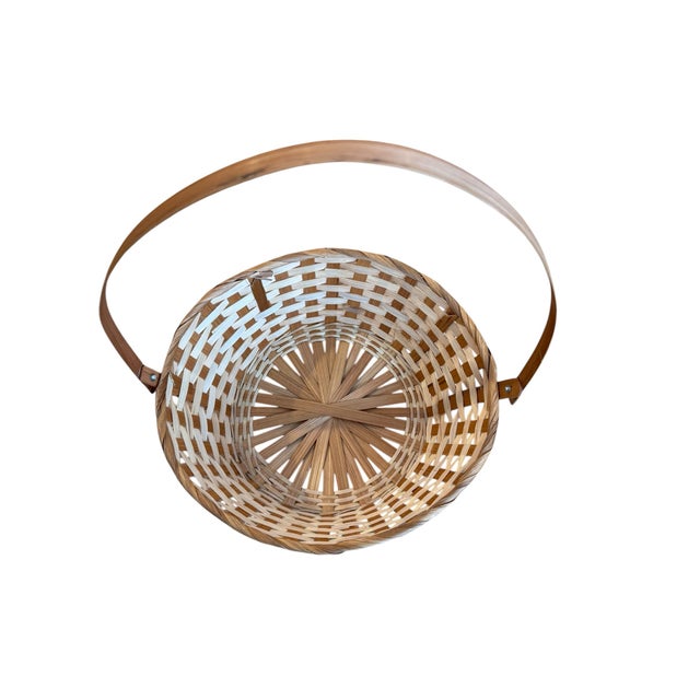 Folk Art Basket Natural Split Reed Woven Two Tone For Sale - Image 3 of 8