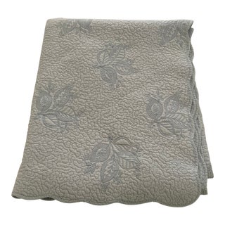 1990s Reversible Queen-Size Quilted Embroidered Light Blue Coverlet For Sale