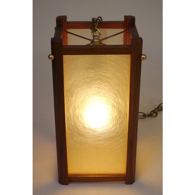 Mid-Century Modern 1950s Mid Century Modern Fiberglass Walnut Brass Lantern Hanging Swag Lamp For Sale - Image 3 of 11