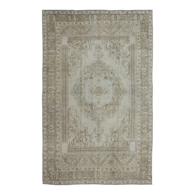 Vintage Turkish Oushak Rug in Ivory Soft Green L. Brown 5'11 X 9'4 For Sale