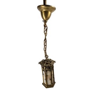 20th Century Arts & Crafts Brass and Slag Glass Gothic Tudor Revival Pendant Light For Sale