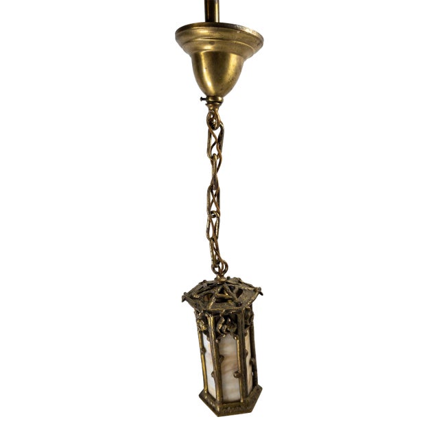 20th Century Arts & Crafts Brass and Slag Glass Gothic Tudor Revival Pendant Light For Sale
