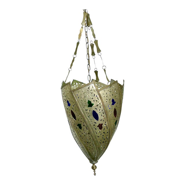 Vintage Engraved Colored Glass Lantern For Sale