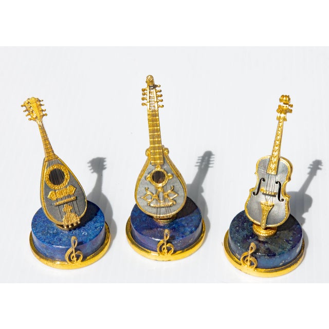 Figurative 12 Italian Gilt Silver and Lapis String Instrument Place Card Holders Angeletti For Sale - Image 3 of 12