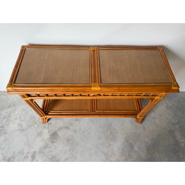1970s Vintage Coastal Rattan & Leather Two-Tier Console Table/ Sold For Sale - Image 5 of 12