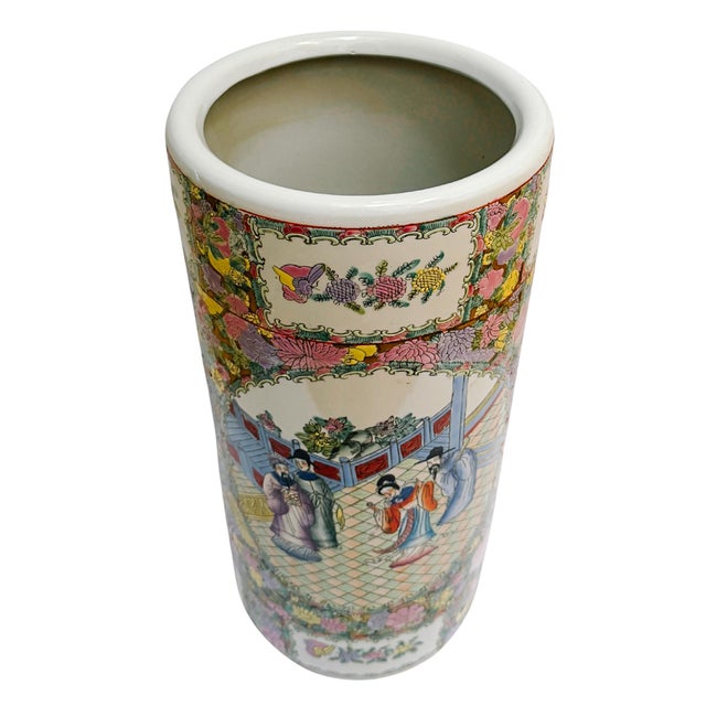 Chinoiserie Vintage Hand-Painted Chinoiserie Rose Medallion Floral Umbrella Stand For Sale - Image 3 of 11