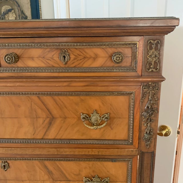1920s French Louis XVI Style Tall Chest With Book Matched Walnut Veneer and Brass Accents For Sale In New York - Image 6 of 9