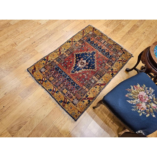19th Century Handwoven Anatolian Village Area Rug, Wool, Red & Navy, 3' x 5' For Sale - Image 4 of 18