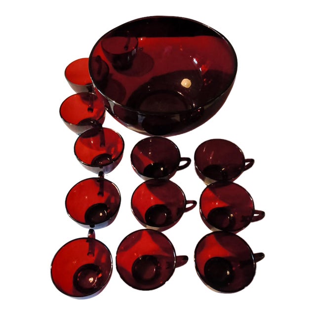 Vintage Anchor Hocking Royal Ruby Red Glass Punch Bowl Set 1 Bowl & 12 Cups - 13 Pieces For Sale