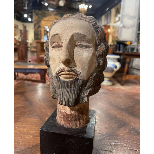 Figurative 17th Century Spanish Carved Polychrome Bust of Christ on Stand For Sale - Image 3 of 12
