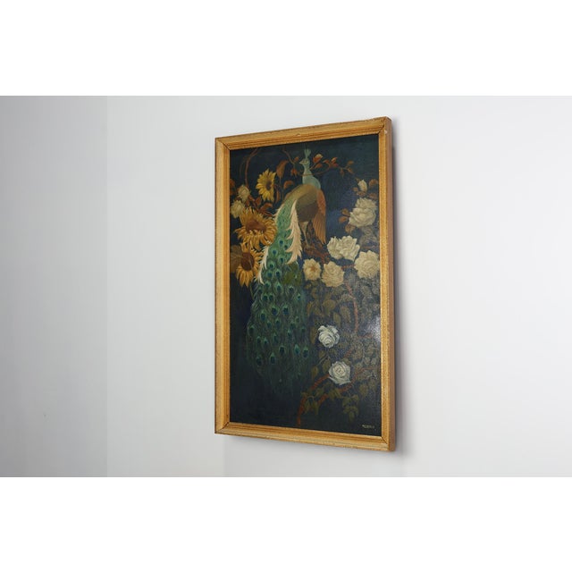 Blue Belgian Artist, Hollywood Regency Style Peacock with Roses, 1950s, Oil on Canvas, Framed For Sale - Image 8 of 11