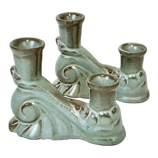 1950s Vintage Boho Chic Americana Arts & Crafts Frankoma Pottery Double Arm Candlestick Holders - A Pair For Sale
