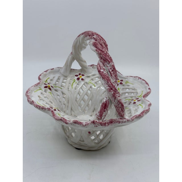 Small Pink and White Reticulated Ceramic Basket Made in Portugal For Sale In New York - Image 6 of 10