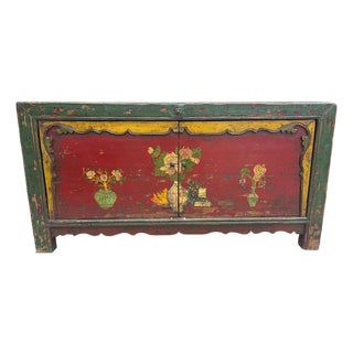 1970s Asian Maximalist Hand Painted Sideboard Folk Rustic For Sale