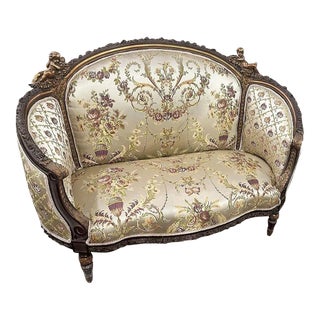 French Style White Settee Sofa With Gold Details For Sale