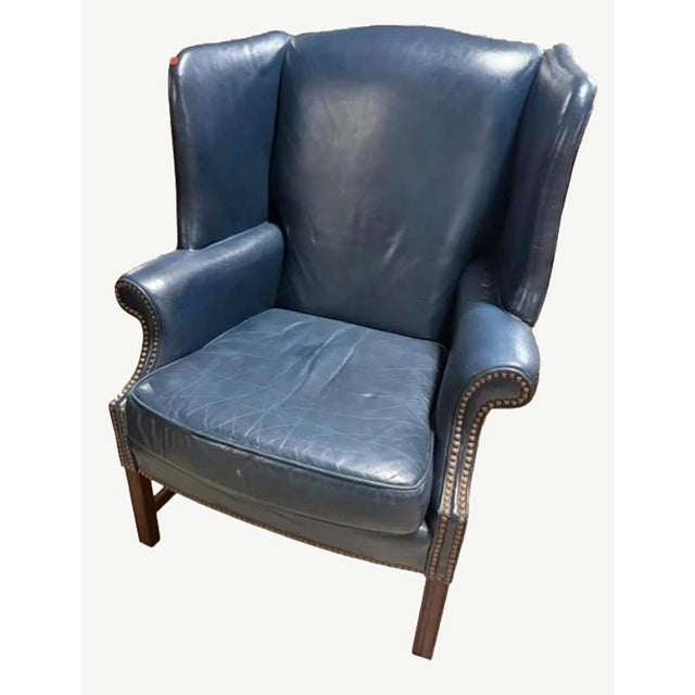 Art Deco Pair Chippendale-Style Navy Blue Leather Wingback Chairs Lonestar Leather For Sale - Image 3 of 3