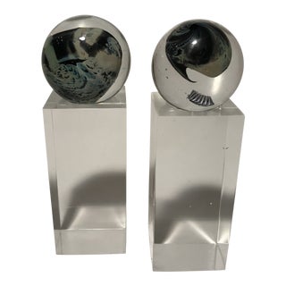 Abstract Glass Spheres on Lucite Stands - Set of 2 For Sale