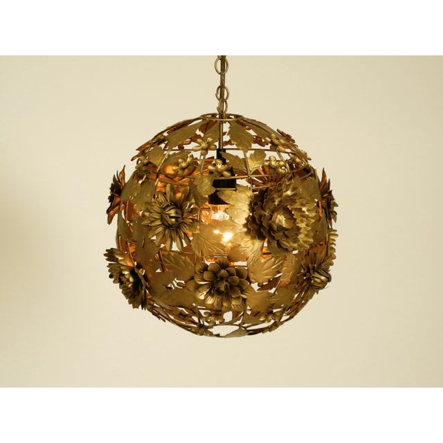 Gold Regency Floral Spherical Metal Ceiling Lamp, 1970s For Sale - Image 8 of 18