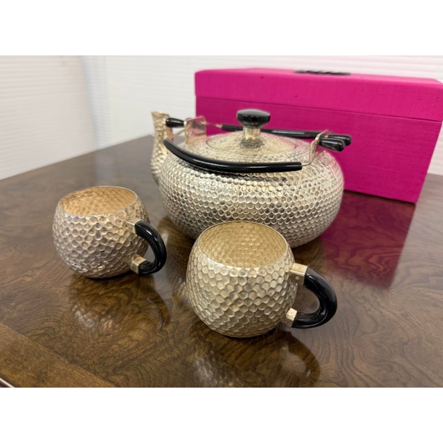 Japanese Japanese Hammered Steel Tea 3 pcs Set in Box For Sale - Image 3 of 12