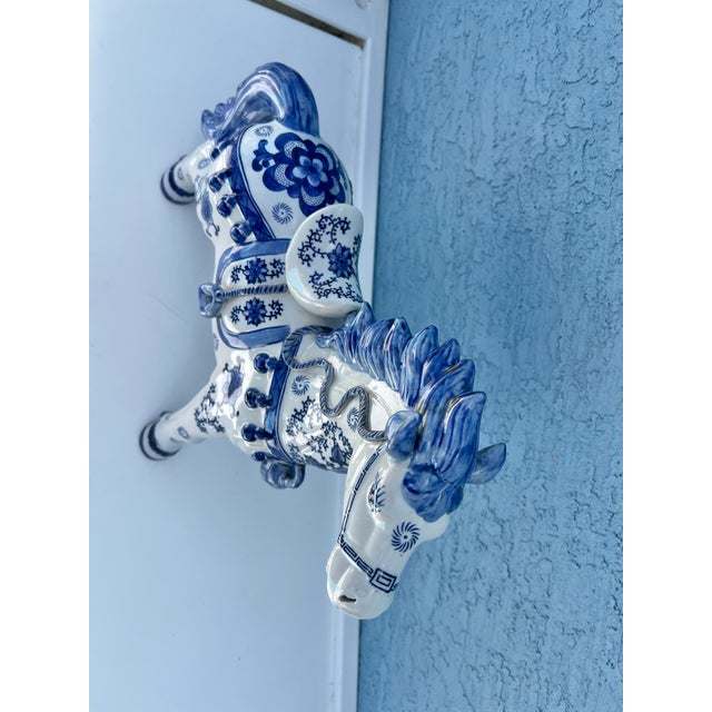 Blue Vintage Blue & White Ceramic Tang Dynasty War Horse For Sale - Image 8 of 12