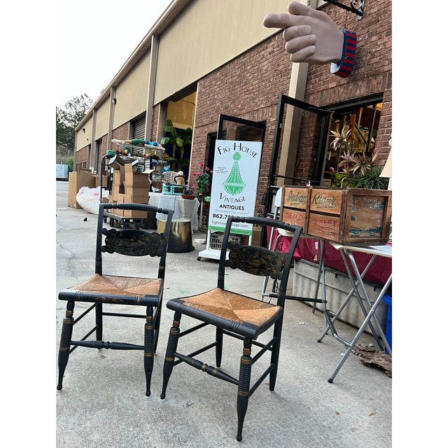 1970s Pair of Black Wooden Italian Rush Chairs For Sale - Image 4 of 4