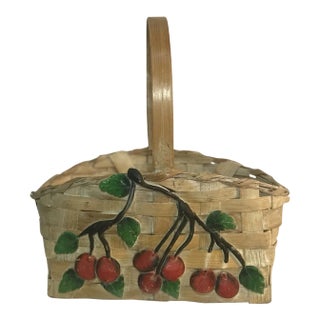 1970s Tromp L’oeil Cherries Woven Rattan Basket With Handle For Sale