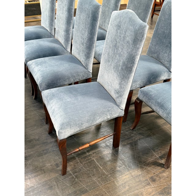 Traditional Bespoke Blue Velvet + Oak Wood Dining Chairs, Set of Twelve For Sale - Image 3 of 12