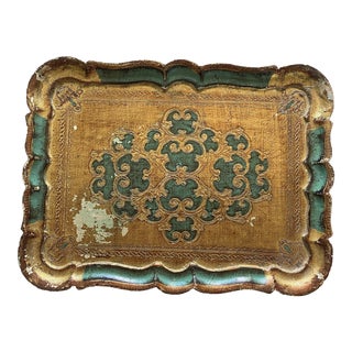 Antique Italian Green Florentine Wood Tole Tray Hand-Painted Gilded Rectangular For Sale