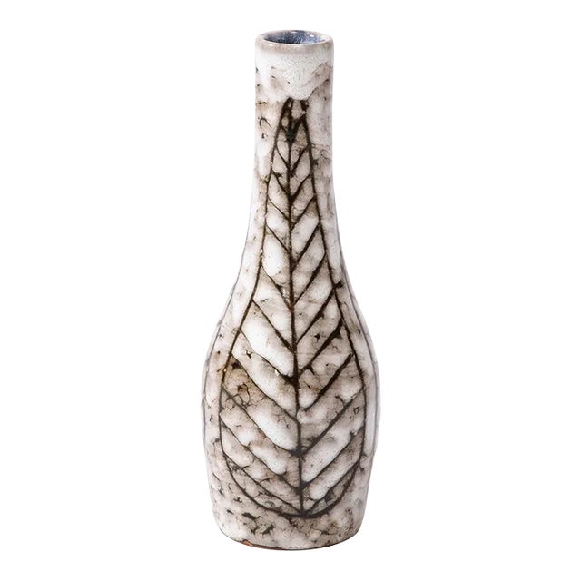 Mid-Century Modernist White and Earth Toned Tapered Ceramic Vase With Leaf Motif For Sale
