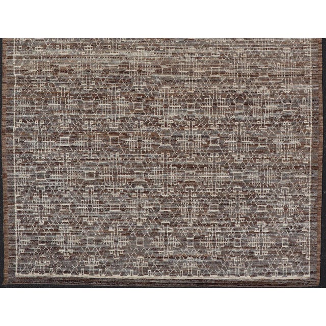 Modern Rug in Wool with All-Over Geometric Tribal Design in Brown and Ivory. Keivan Woven Arts /rug SNK-2307, country of...