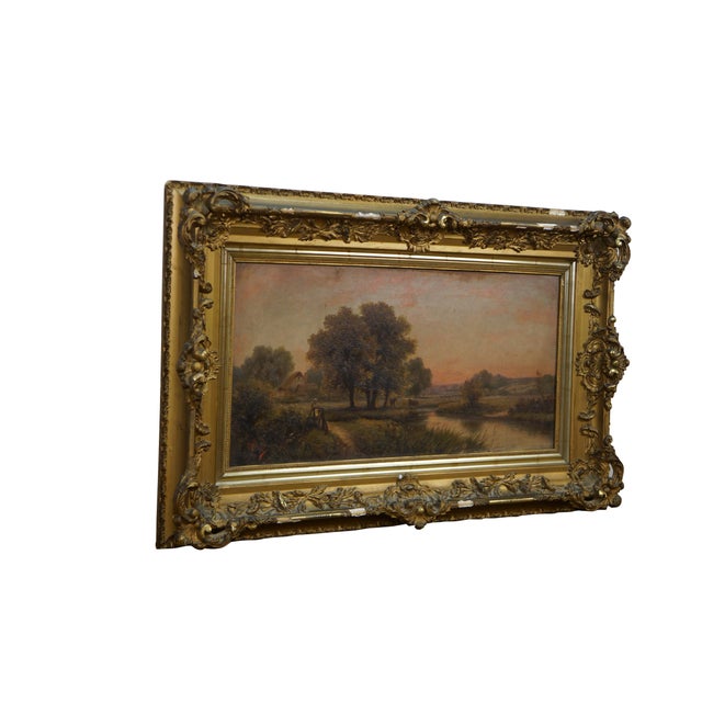 Antique 1906 Henry Maidment country farmhouse oil painting featuring a sunset pastoral landscape scene on the farm. Large...