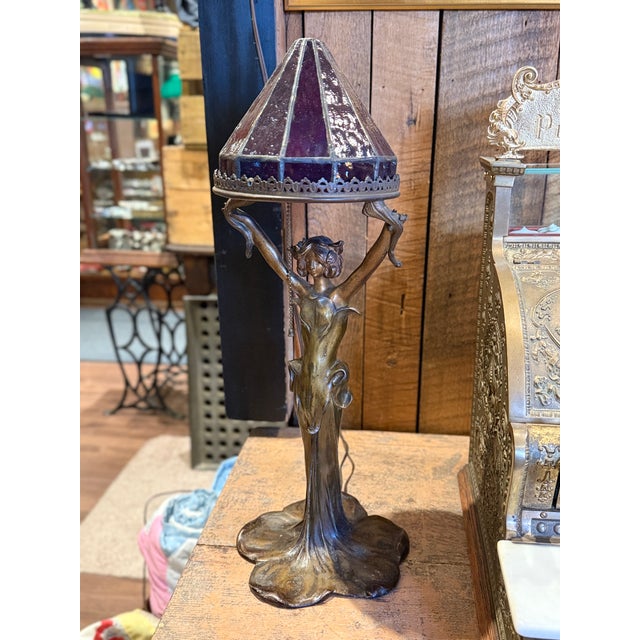 Antique Art Nouveau Cast Bronze Figural Lamp Signed J. Causse Ruby Red Stained Glass Shade c.1900 For Sale - Image 13 of 16