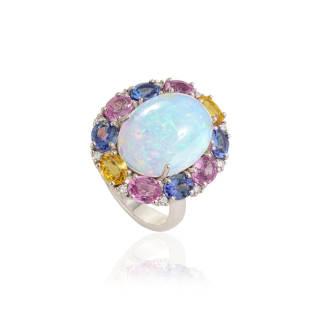 Metal 9.01ct Ethiopian Fire Opal, Multi-Sapphire and Diamond Antique 18k White Gold Ring Size 4 For Sale - Image 7 of 18