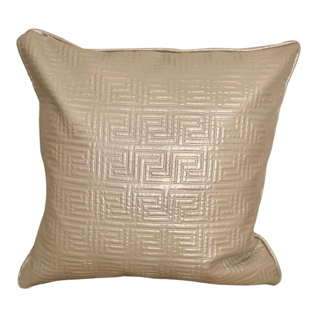 Pearlized Beige Vegan Leather Scroll Design Modern Pillow With Insert For Sale