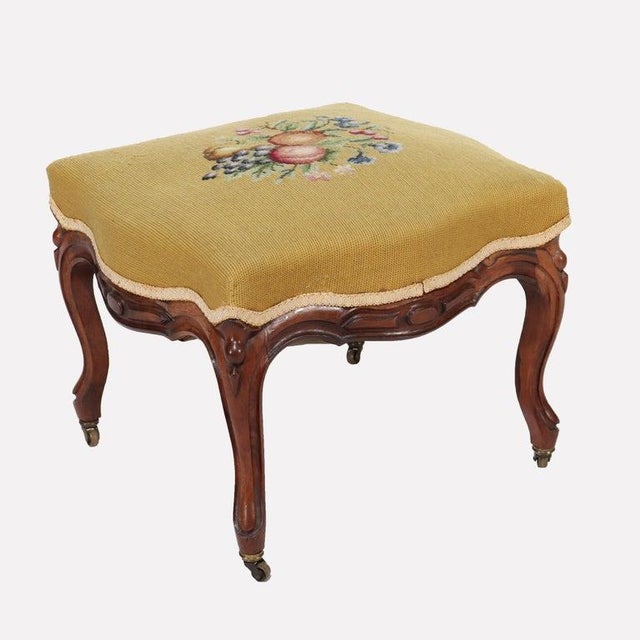 Antique Rococo Revival Rosewood Footstool With Floral Needlepoint C1890 For Sale - Image 4 of 8