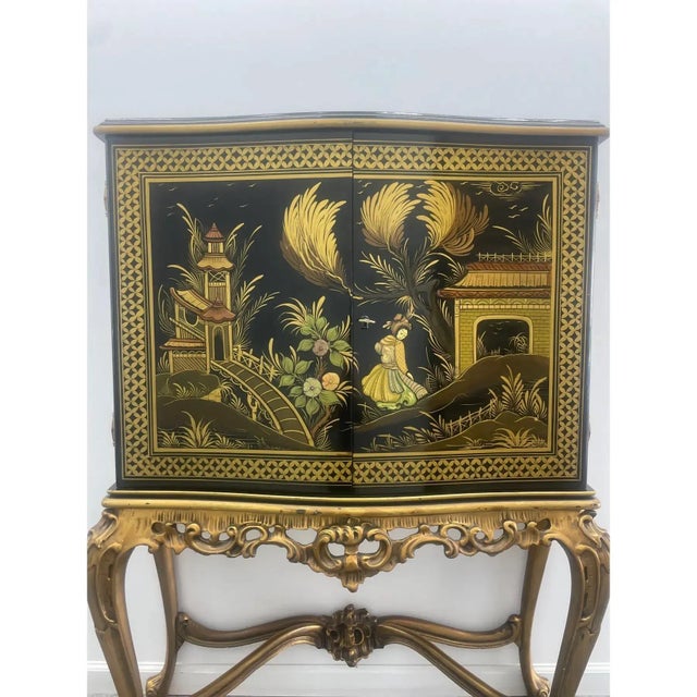 Chinoiserie French Chinoiserie Black Lacquer Cocktail Cabinet on Giltwood Stand — Hollywood Regency Style For Sale - Image 3 of 12