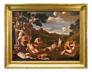 Giulio Carpioni, Bacchanal Bacchus Mythological Carpioni Scene, 1660, Oil on Canvas, Framed