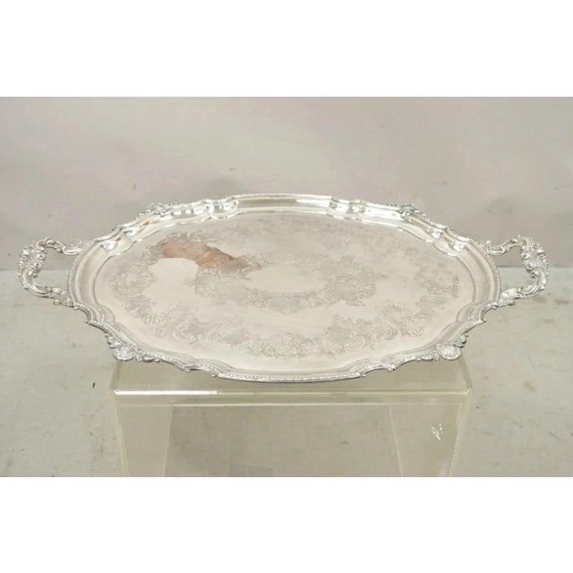 Antique English Victorian Silver Plated Ornate Oval Serving Platter Bar Tray. Circa Early 20th Century. Measurements: 2" H...