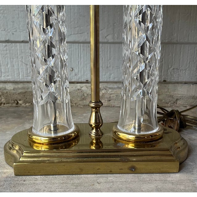 1990s Waterford Two Column Crystal & Brass Bouillotte Lamp Accompanying Black Shade For Sale In Dallas - Image 6 of 12