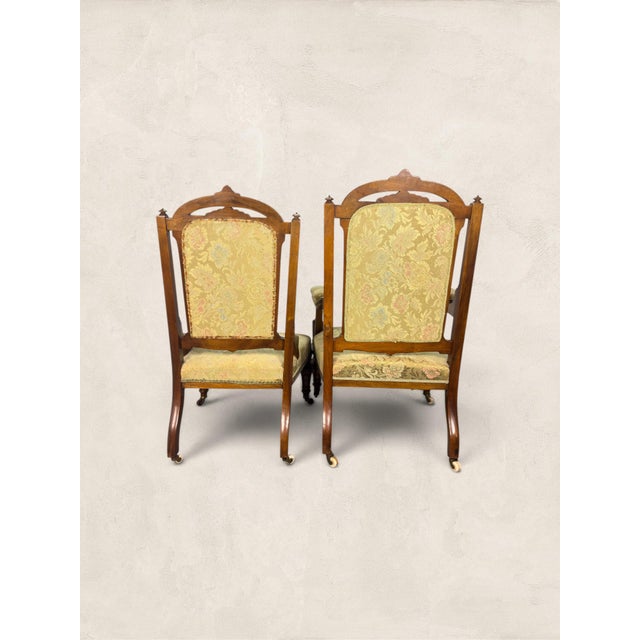 Mid 19th Century Antique English Eastlake "His and Hers" Walnut Parlor Chairs For Sale - Image 5 of 11
