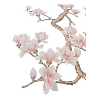Hand‑Painted Champagne Gold Leaf Chinoiserie Mural, Pink Magnolia Blossom Wall Panel For Sale