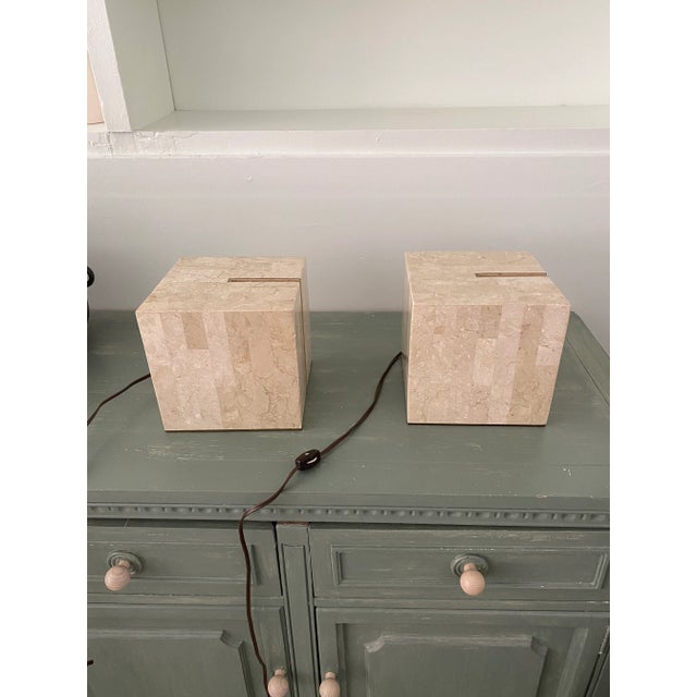 Vintage 1970s Square Stone Lamps With Brass Inlay Set of 2 For Sale - Image 12 of 12